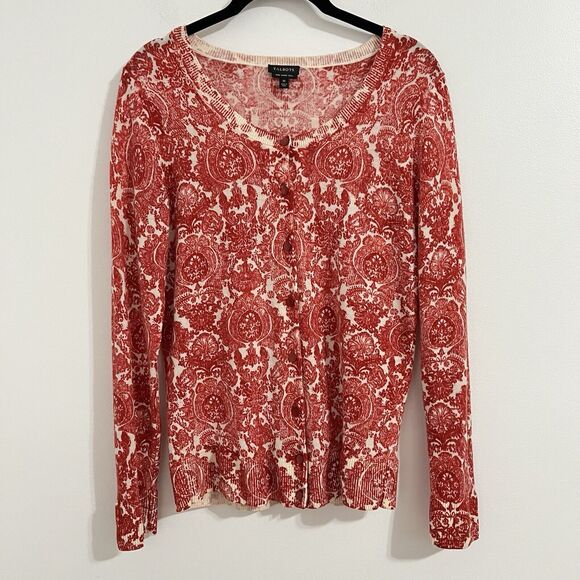 Talbots 100% Merino Wool Sweater Cardigan Size M Red Printed Button Front Artsy - Picture 1 of 6